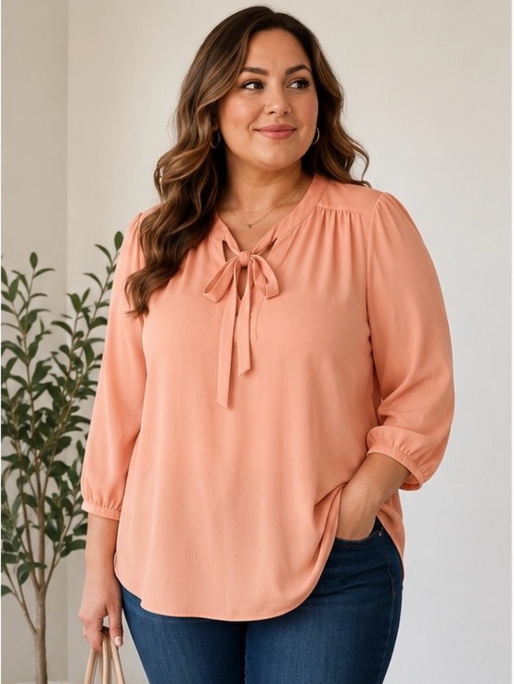 Torrid Peach Tie Neck Blouse Size 2 Plus 2X 3/4 Sleeve Career Top